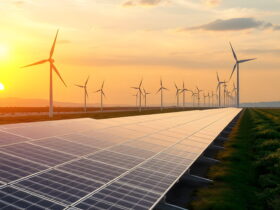 Solar panels in foreground with a wind farm at sunset on flat countryside, creating an energy landscape.