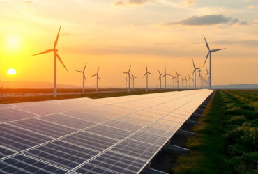 Solar panels in foreground with a wind farm at sunset on flat countryside, creating an energy landscape.
